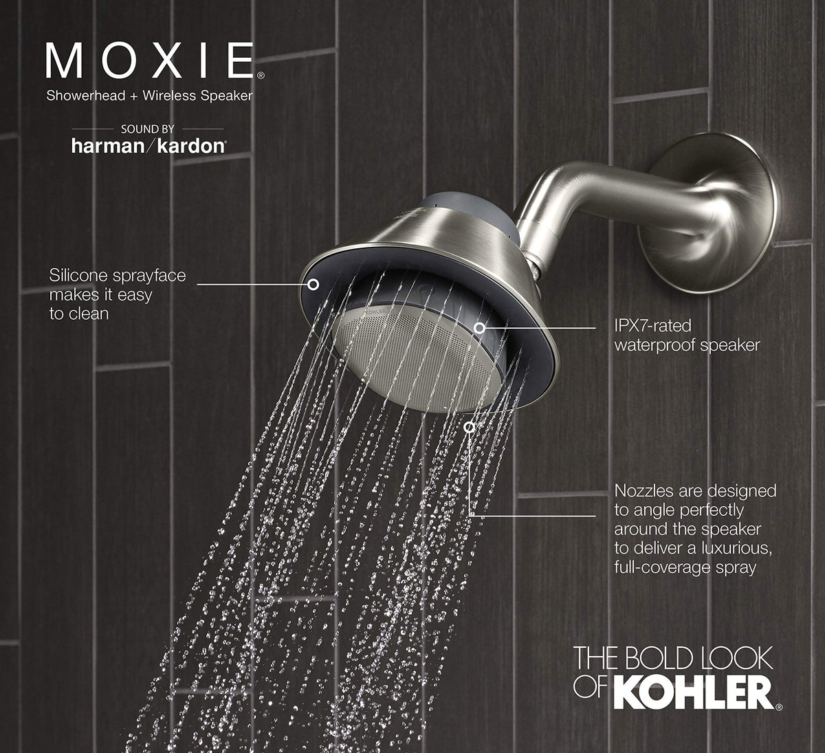Kohler Moxie packaging in brushed nickel, ready for install.