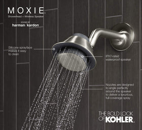 Kohler Moxie packaging in brushed nickel, ready for install.