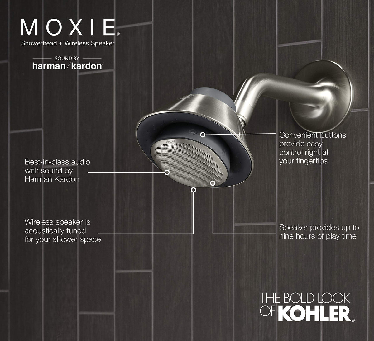 Kohler Moxie showerhead with water spray illustration.