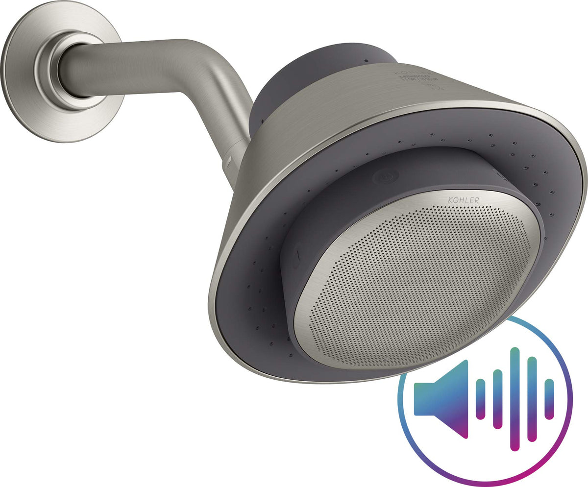 Kohler Moxie speaker in brushed nickel, side angle for in-shower audio.