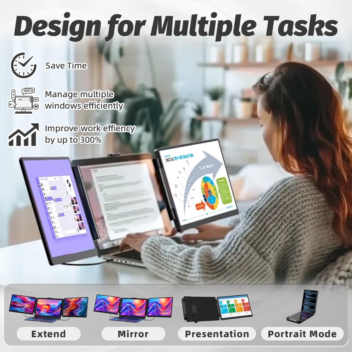 KOJOM 2K laptop screen extender in a multi-screen setup for productivity.