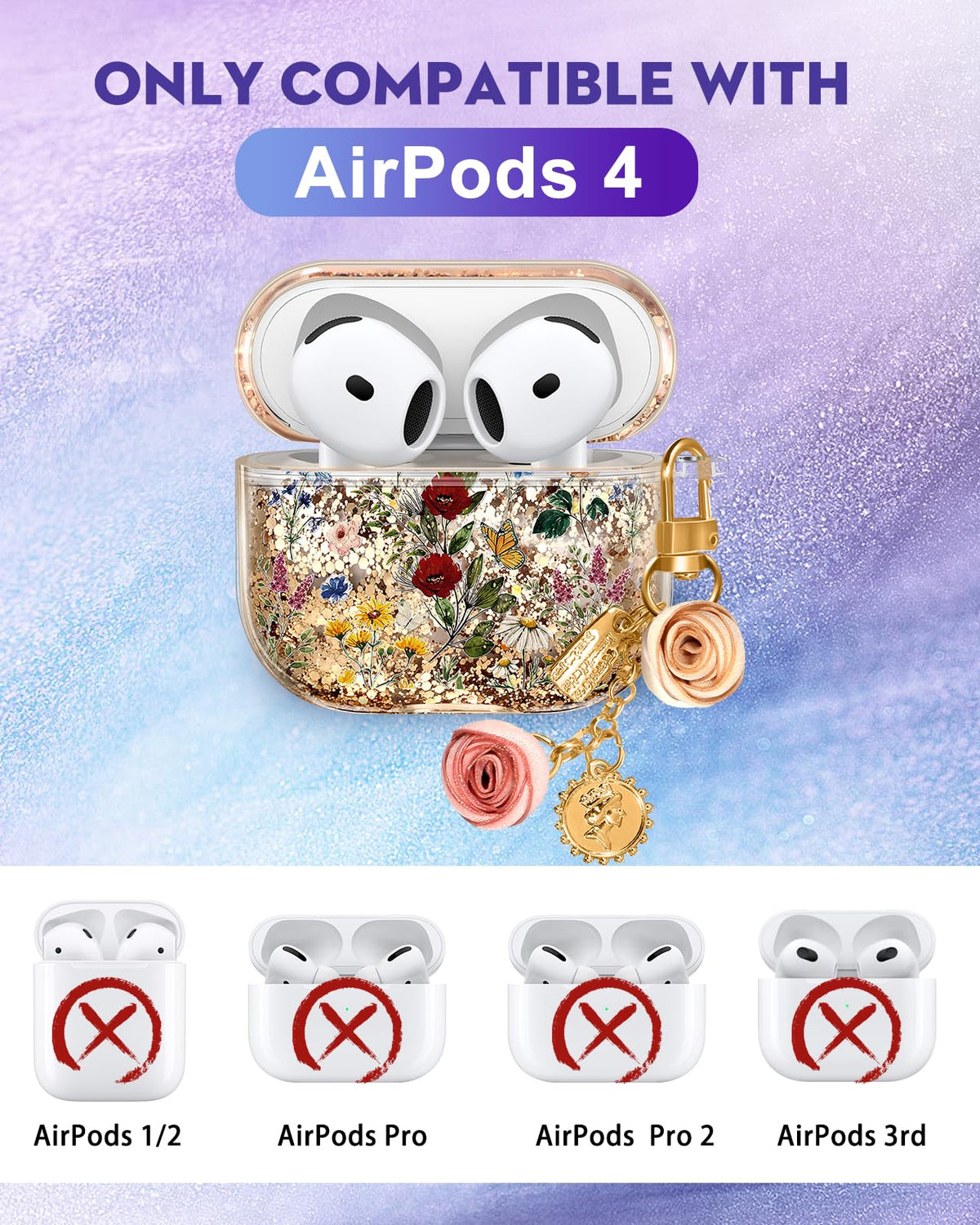 Kokaaee AirPods 4 case glitter keychain adds portable style and easy attachment.