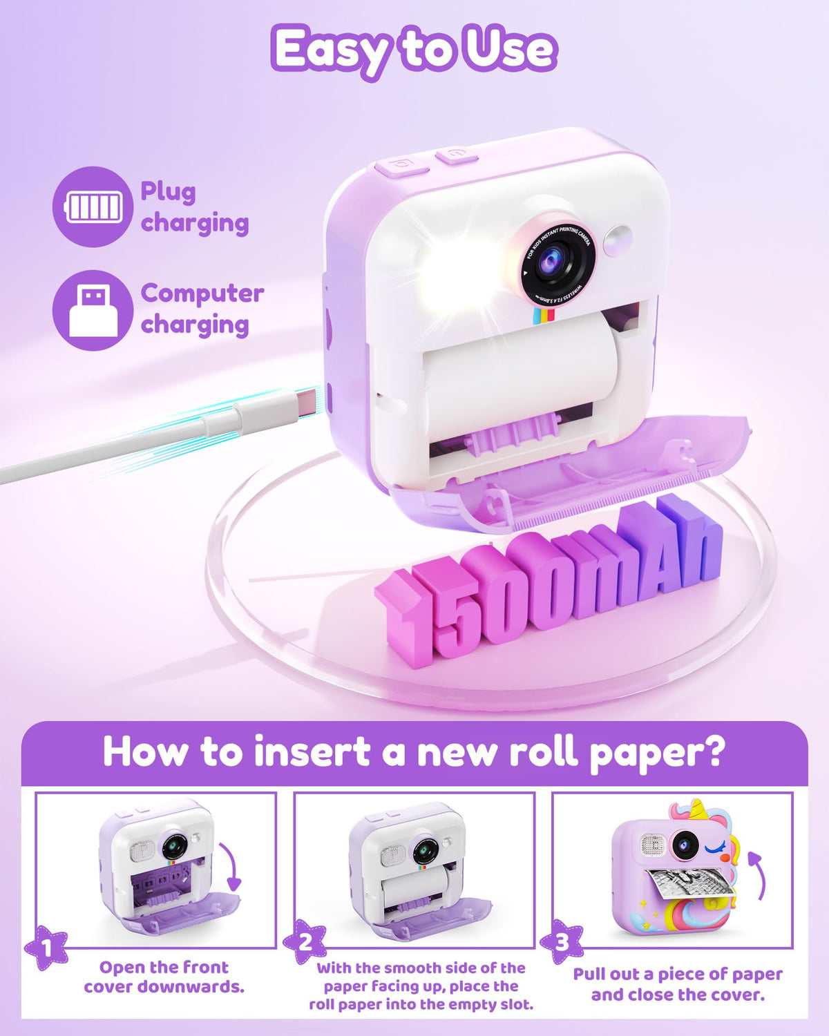 KOKODI accessories including 32GB card, paper rolls and Type-C cable for convenience
