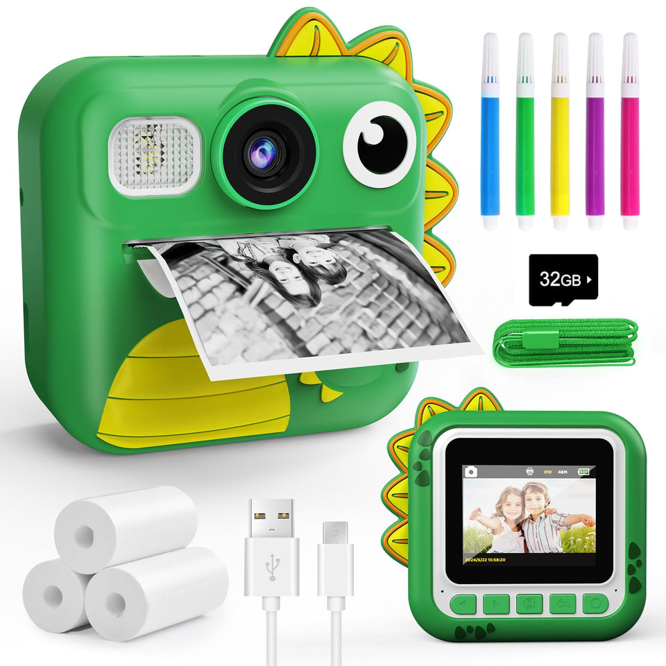 KOKODI front view of green camera showing buttons and screen, easy learning