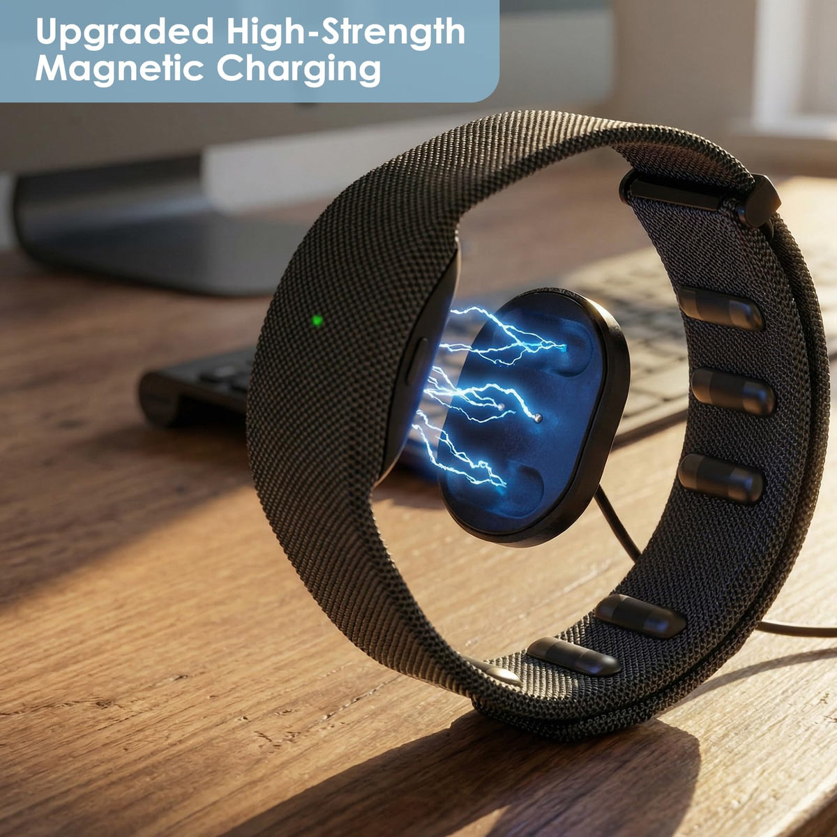 Secure magnetic snap ensures a stable connection for Ray-Ban Neural Band charging.