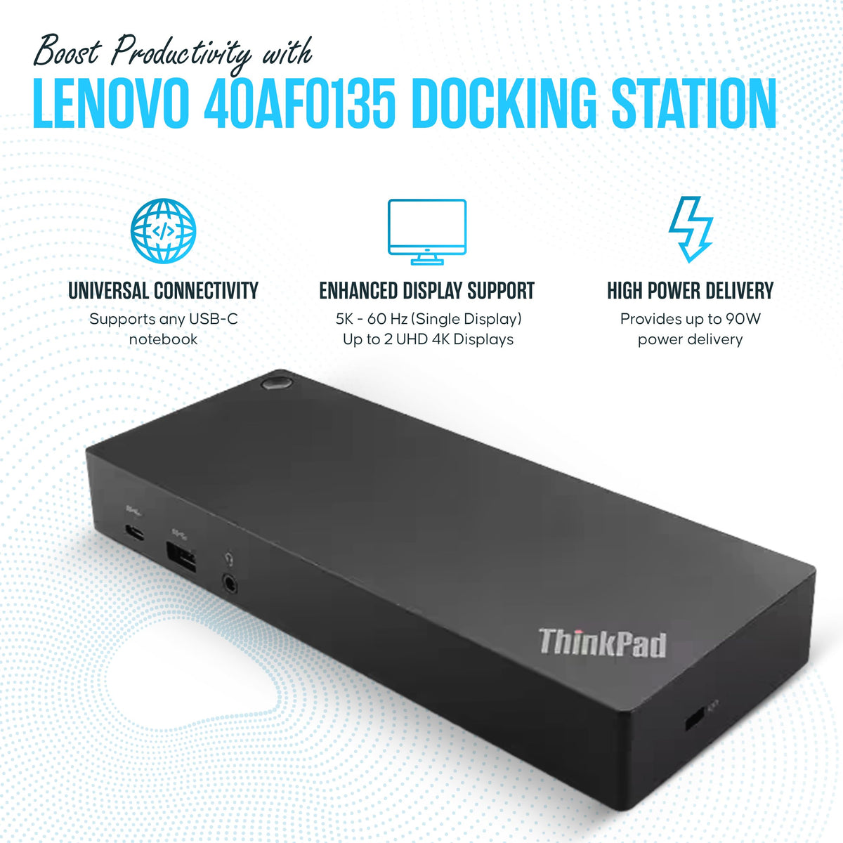 Koncept 40AF0135US 135W adapter included powers the dock and connected devices.