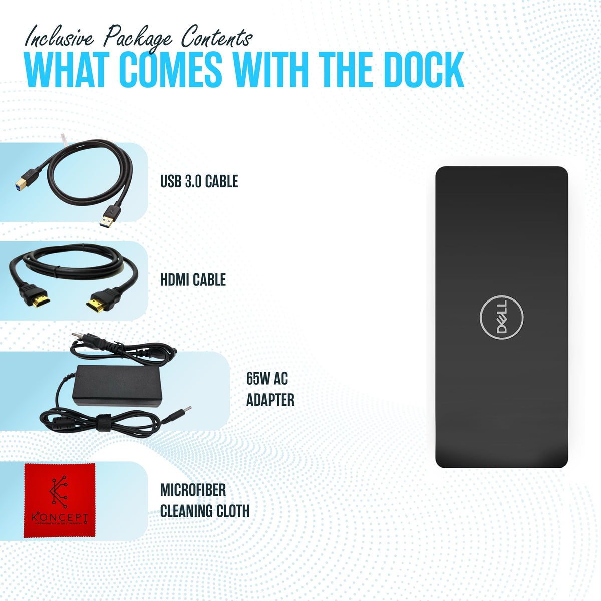 Koncept Dell D3100 Dock back ports illustrate versatile connectivity for multiple screens.