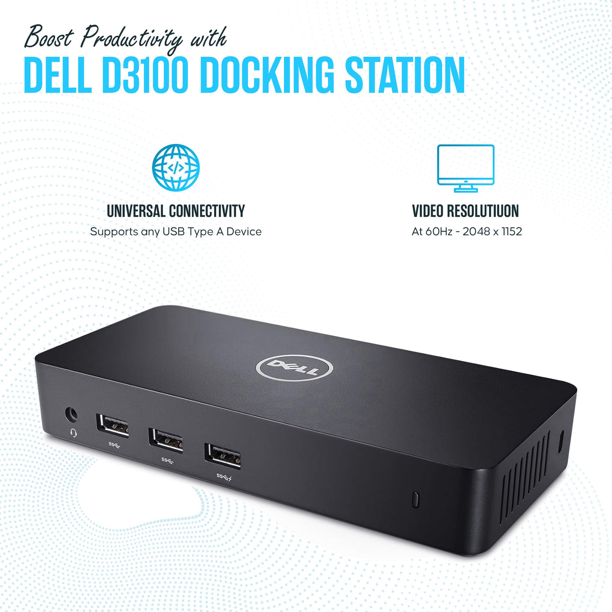 Koncept Dell D3100 Dock display outputs highlight dual HDMI and DisplayPort options.