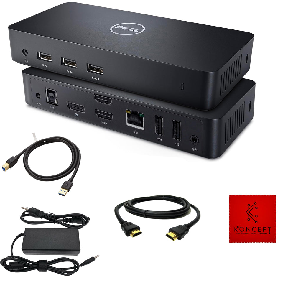 Koncept Dell D3100 Dock front view showing USB and video ports for quick setup.