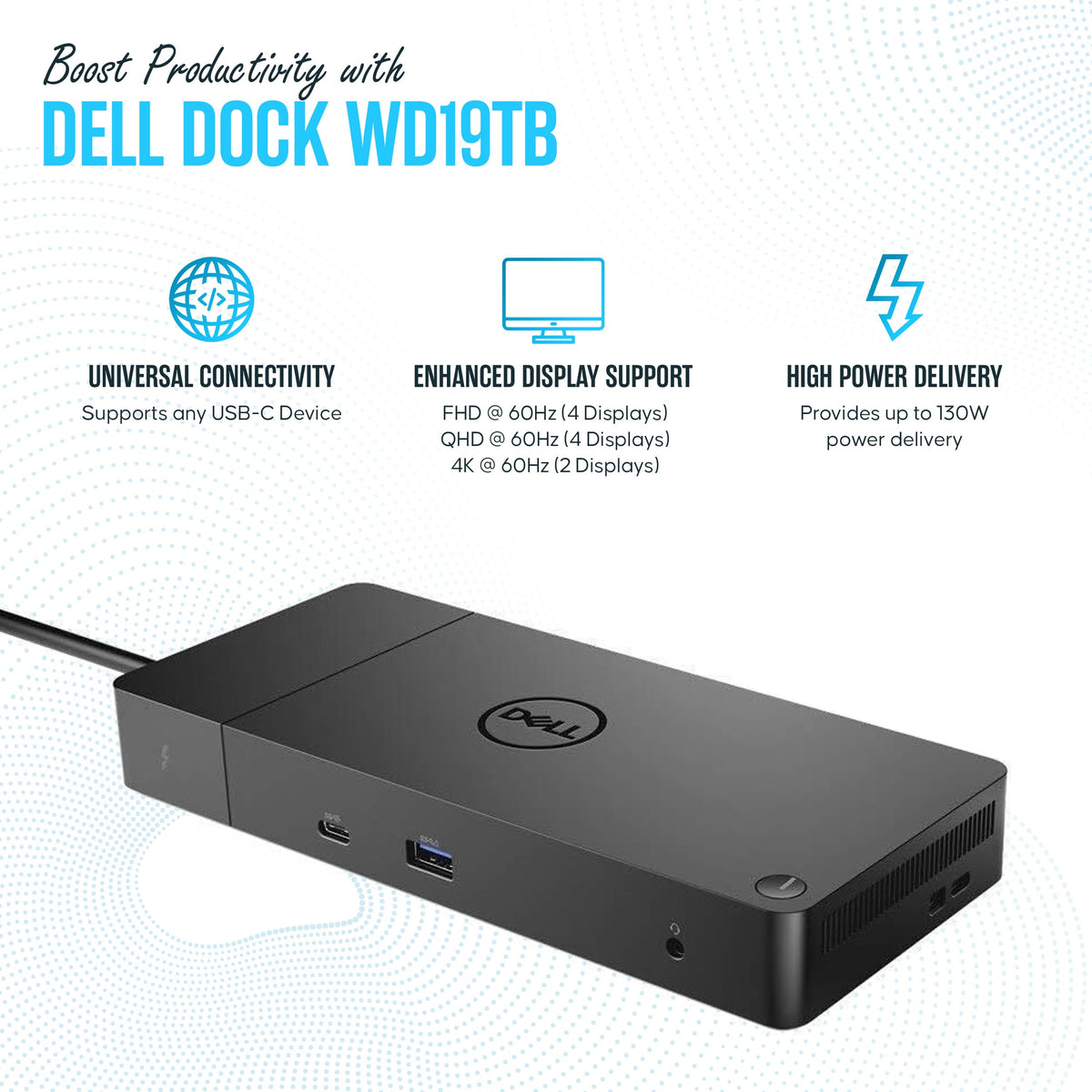 Back view of Dell WD19TB dock showing HDMI, DisplayPort, USB-C outputs.