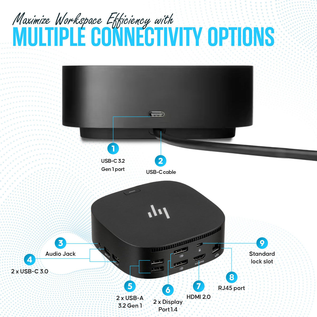 Koncept HP docking station delivers up to 120W power for devices.