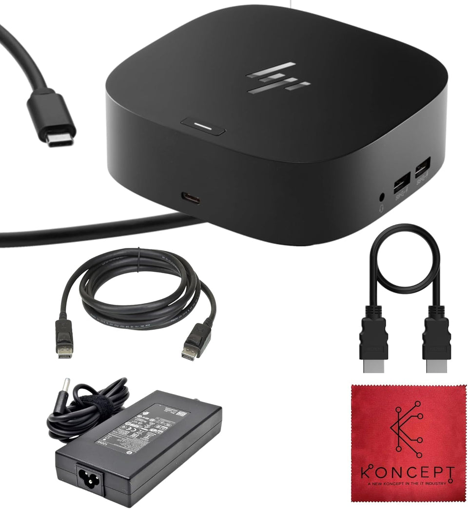 Koncept HP docking station shows a dual-monitor setup for productivity.