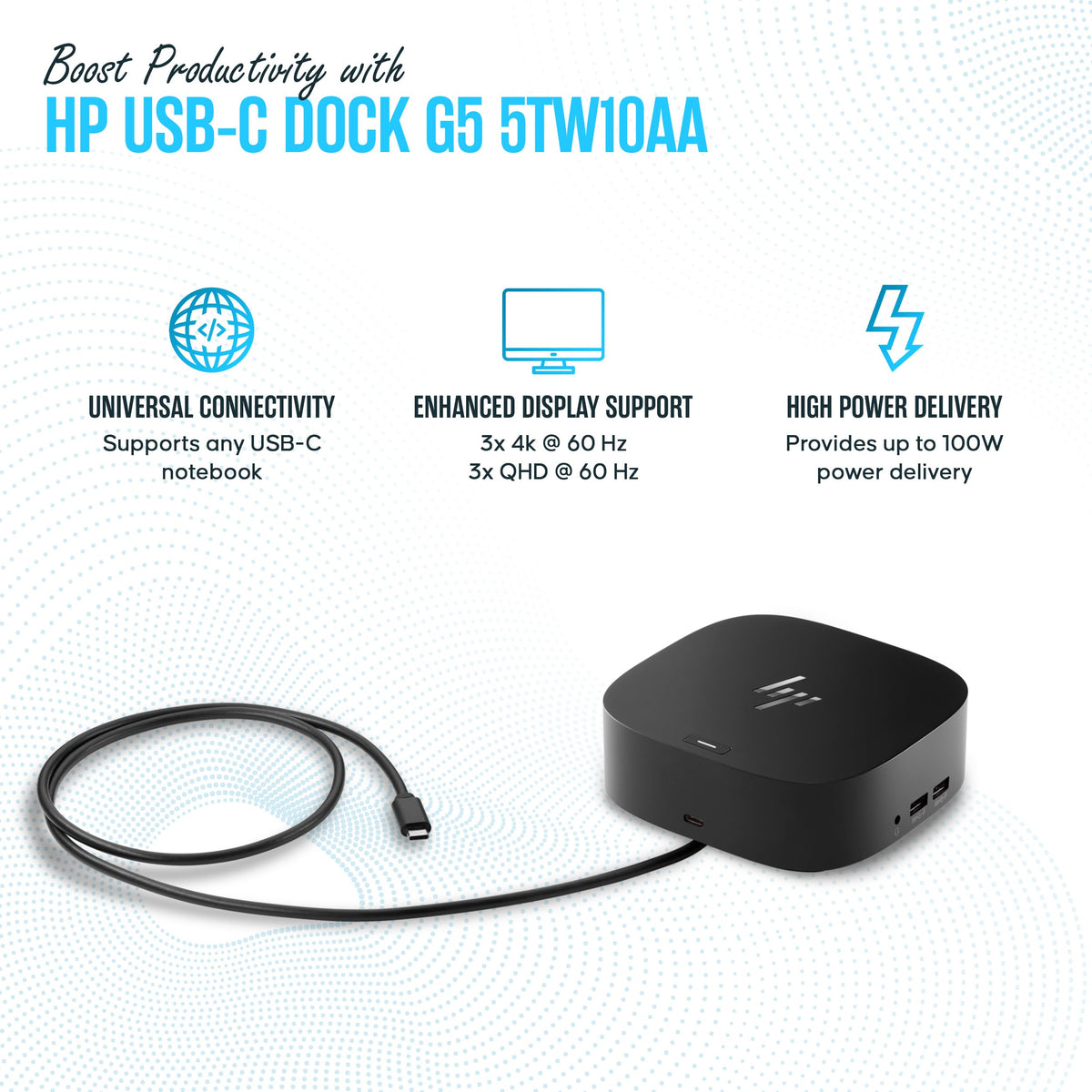 Koncept HP docking station ports array enables connecting multiple peripherals and displays.