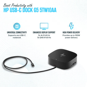 Koncept HP docking station ports array enables connecting multiple peripherals and displays.