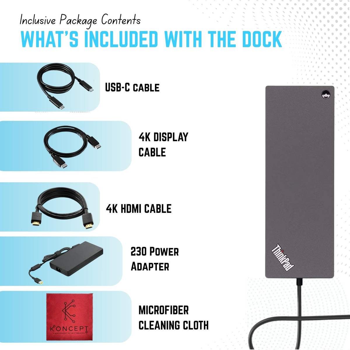 Koncept ThinkPad dock showing 4K output options via HDMI and DisplayPort.