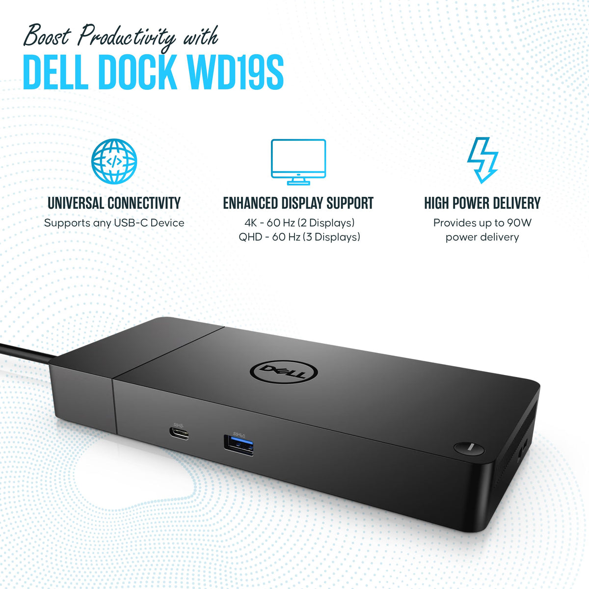 Koncept WD19S Dell Dock, HDMI and mini-DisplayPort outputs enable dual displays