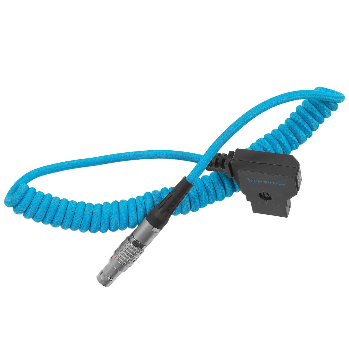 KONDOR BLUE stretched coiled cable between battery and device, flexible reach for tidy rigs