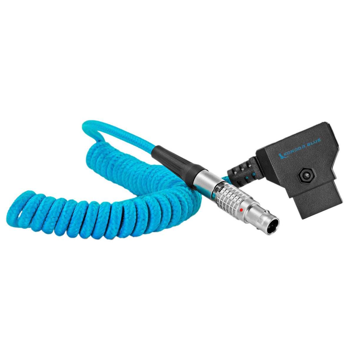 KONDOR BLUE front view showing blue coiled D-Tap to LEMO cable, clear product ID and benefit