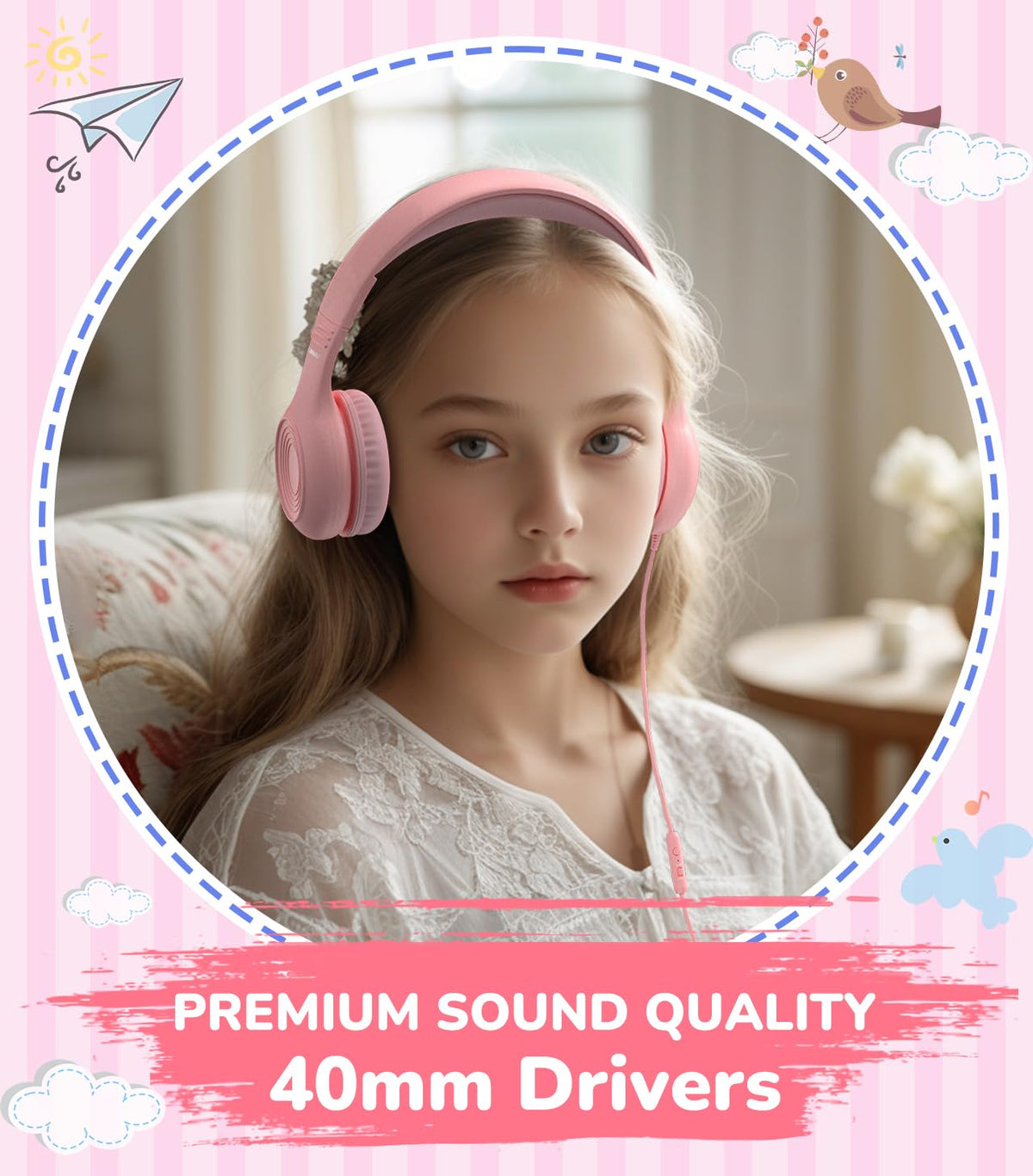 KONNAO 40mm driver pink headphones, crisp audio for games and videos