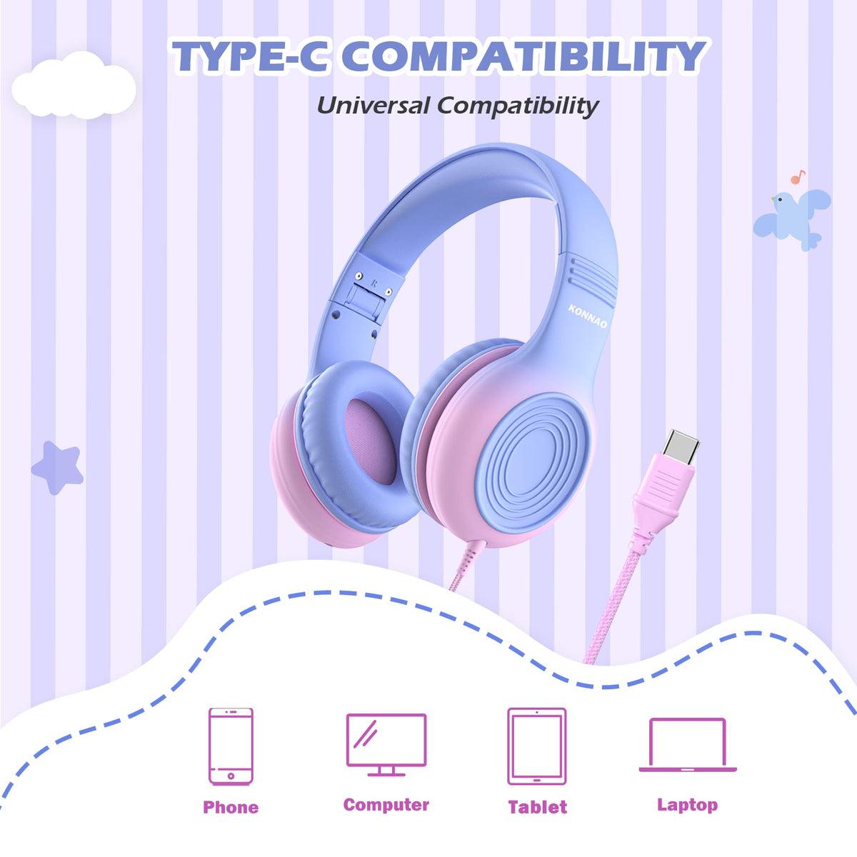 KONNAO kids headphones with built-in microphone for online classes