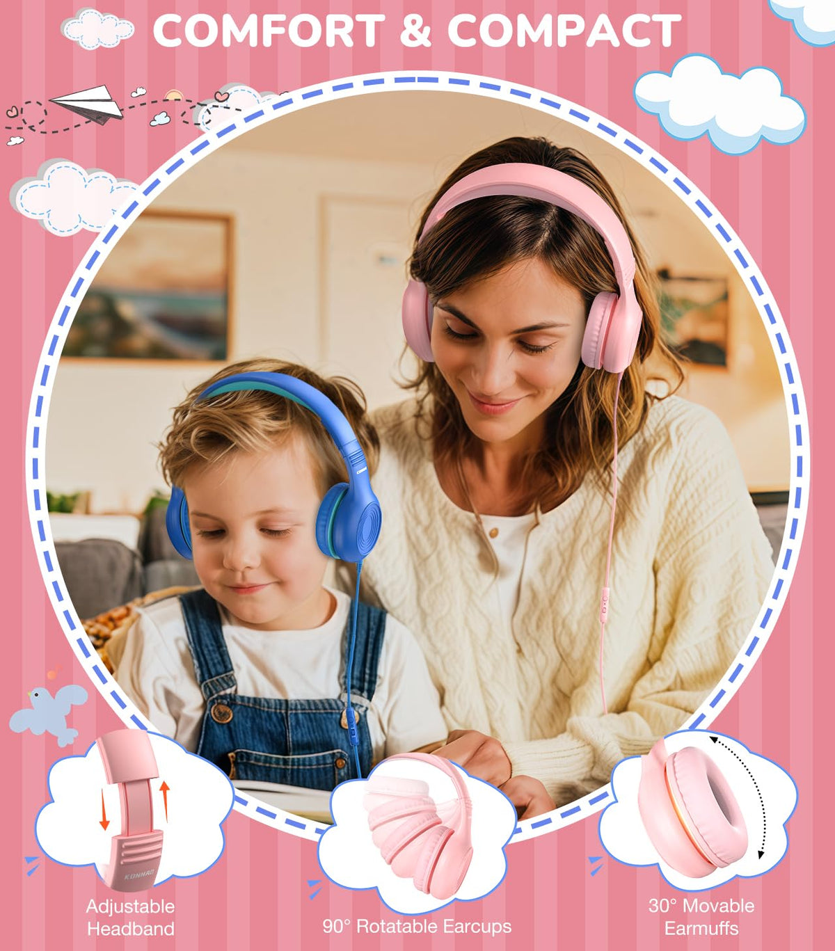 KONNAO lightweight design pink kids headphones for growing heads