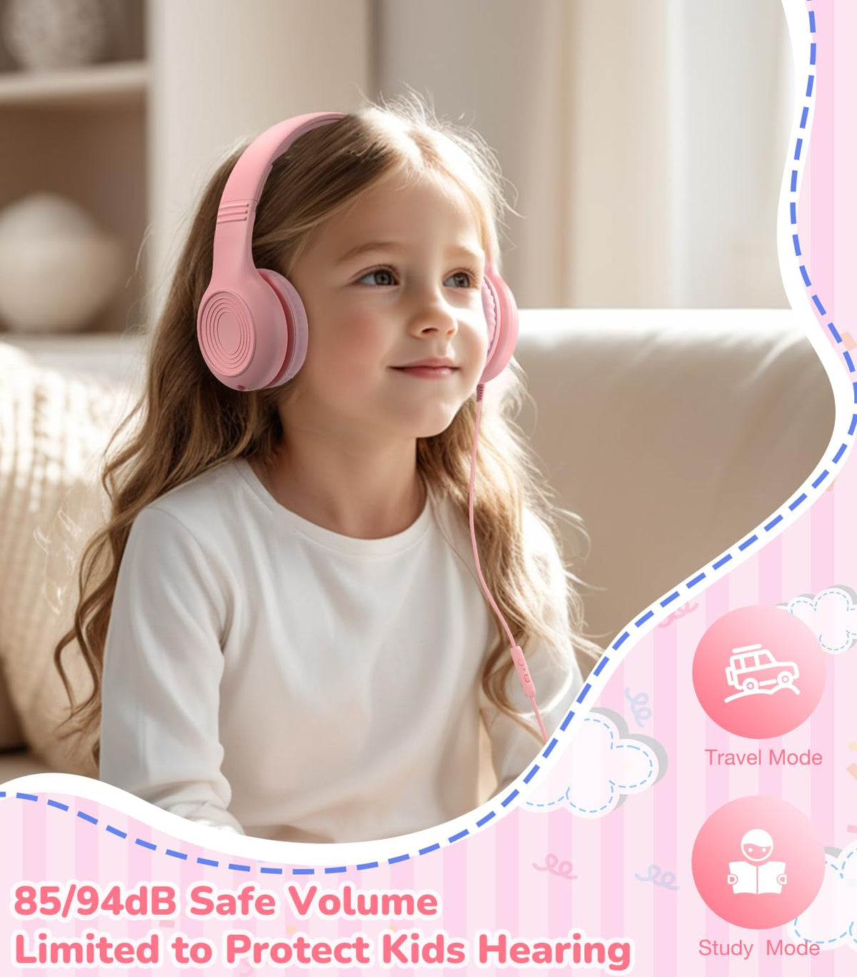 KONNAO over-ear pink headphones with soft cushions for comfort