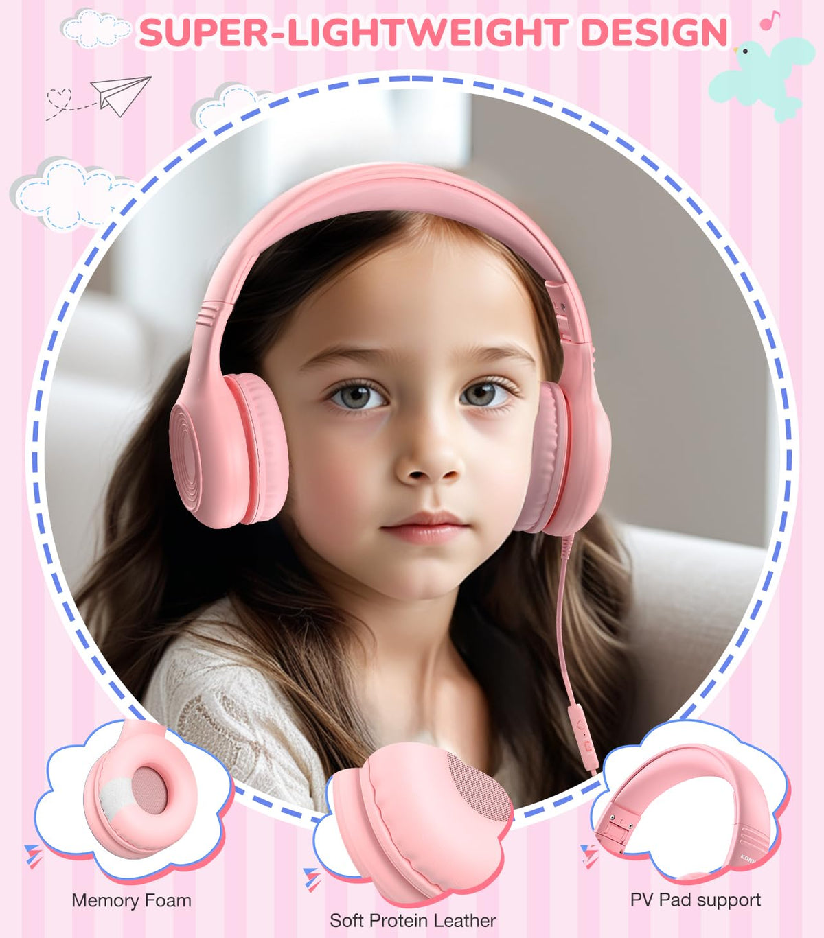 KONNAO volume limit pink headphones with 85/94 dB levels for different settings