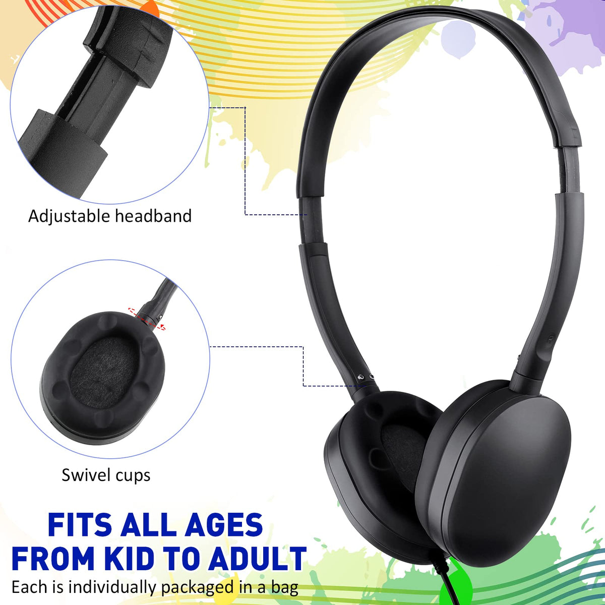 Konohan bulk student headphones, individually wrapped for clean distribution