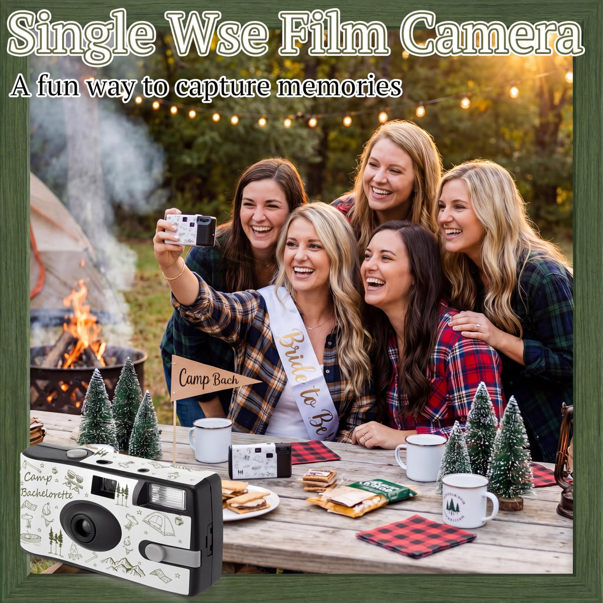 Konohan Camp Bachelorette stickers detail on the camera for festive flair and personalization