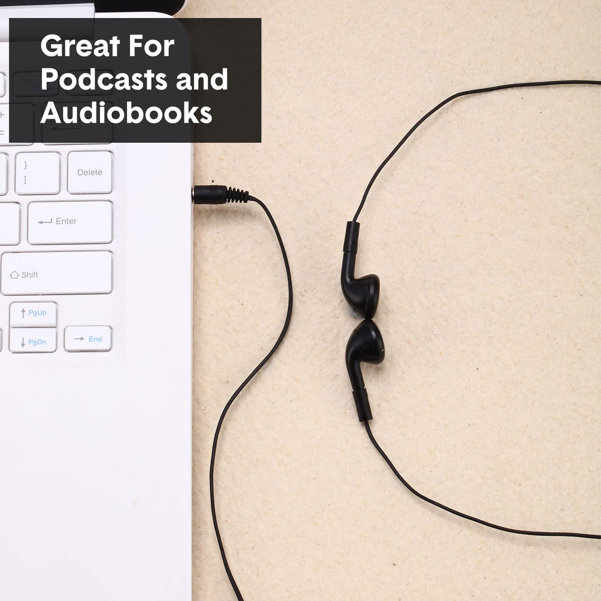 Konohan earbuds plugged into a laptop with user listening, showing reliable plug-and-play use
