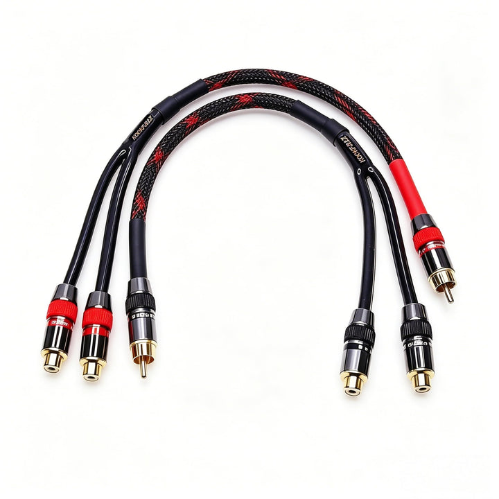 KOOKFJLLZ front view of 2-pack RCA splitters showing compact, ready-to-install design