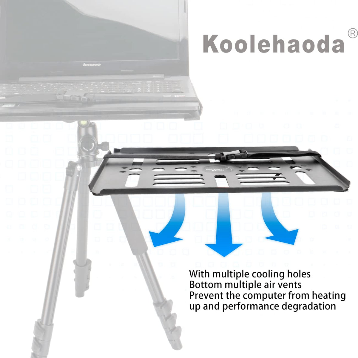 koolehaoda tray next to laptop showing scale and 17-inch fit benefit