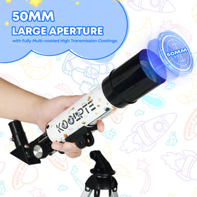 Koolpte telescope mounted on tripod at night offering stable bright-object observation