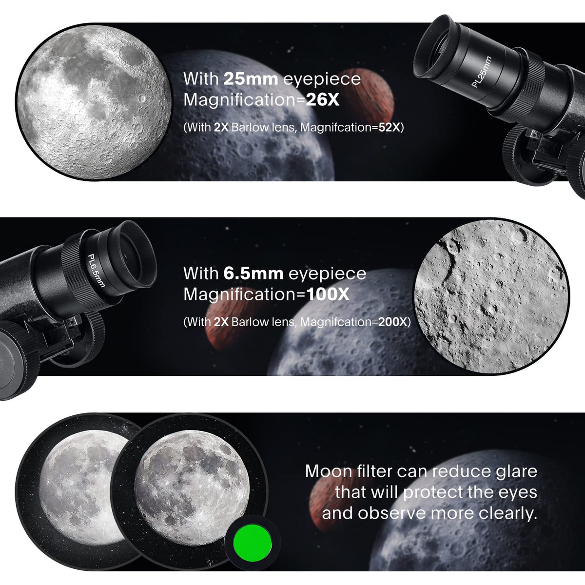 Koolpte 130EQ eyepieces 25mm and 6.5mm improve magnification options.