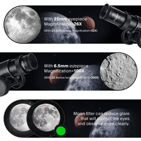 Koolpte 130EQ eyepieces 25mm and 6.5mm improve magnification options.
