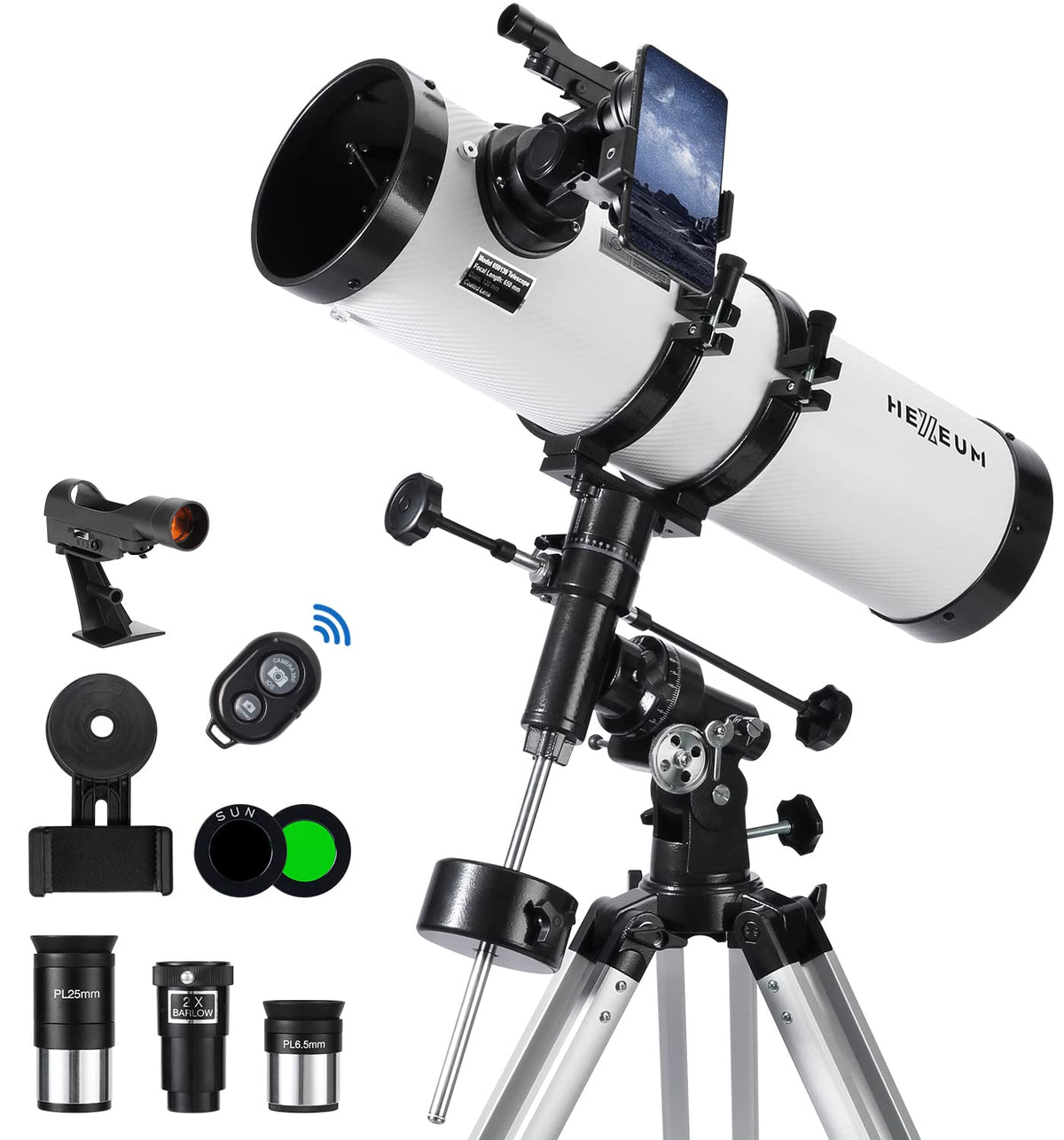 Koolpte 130EQ telescope front view with sturdy stand for easy stargazing.