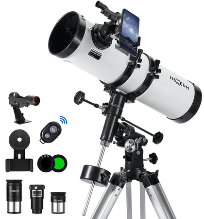 Koolpte 130EQ telescope front view with sturdy stand for easy stargazing.