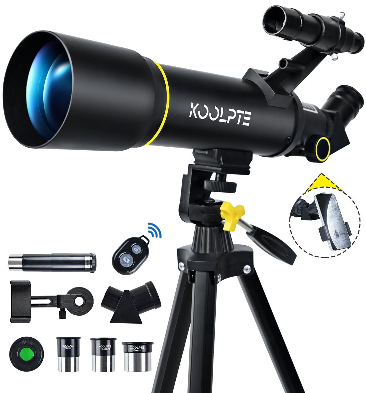 Koolpte telescope with 70mm aperture for bright, beginner-friendly stargazing.