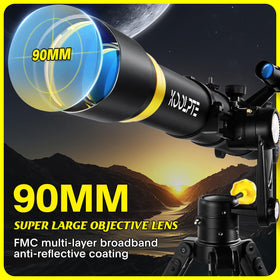 Koolpte telescope side view highlighting 900mm focal length for detailed observing