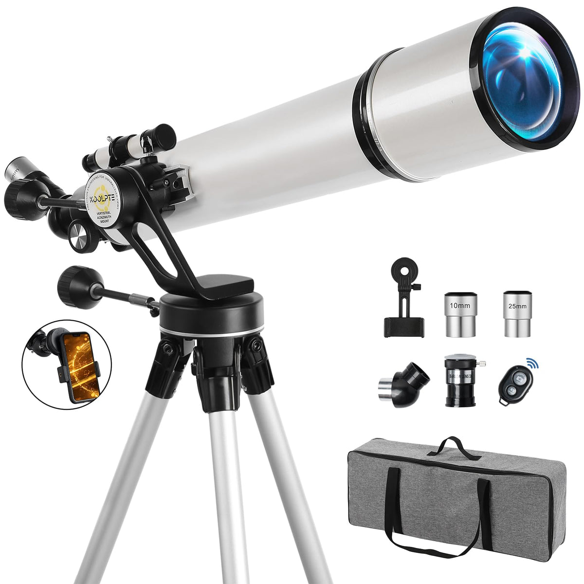 Koolpte telescope front view showing 90mm aperture for clear lunar and planetary viewing.
