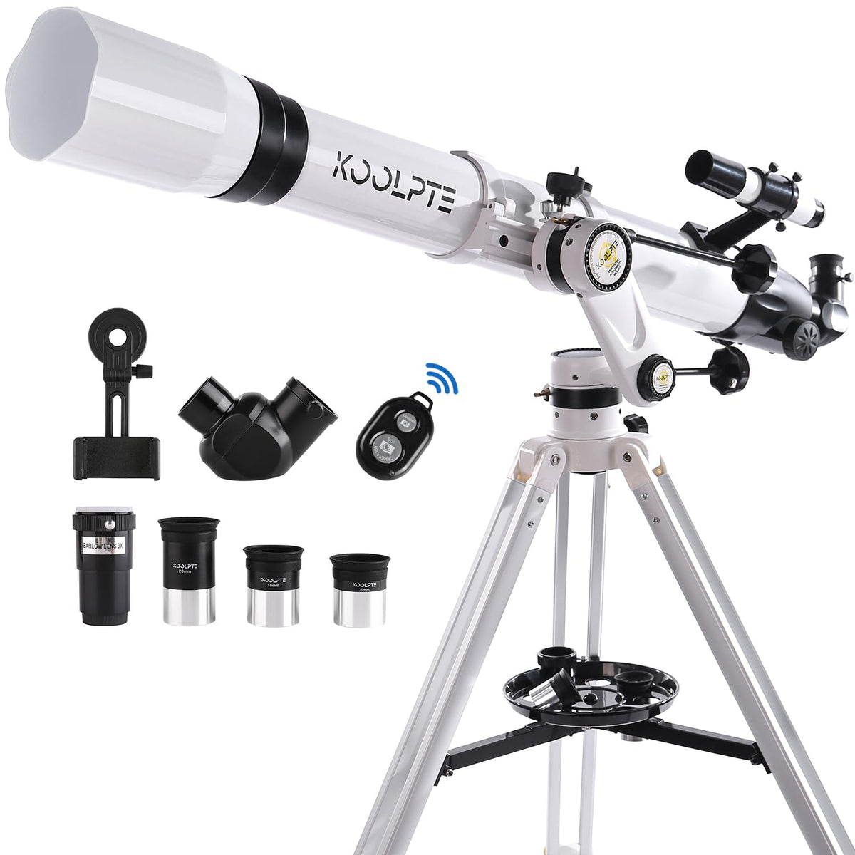 Koolpte telescope with 90mm aperture and 900mm focal length for bright planetary views.