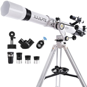 Koolpte telescope with 90mm aperture and 900mm focal length for bright planetary views.