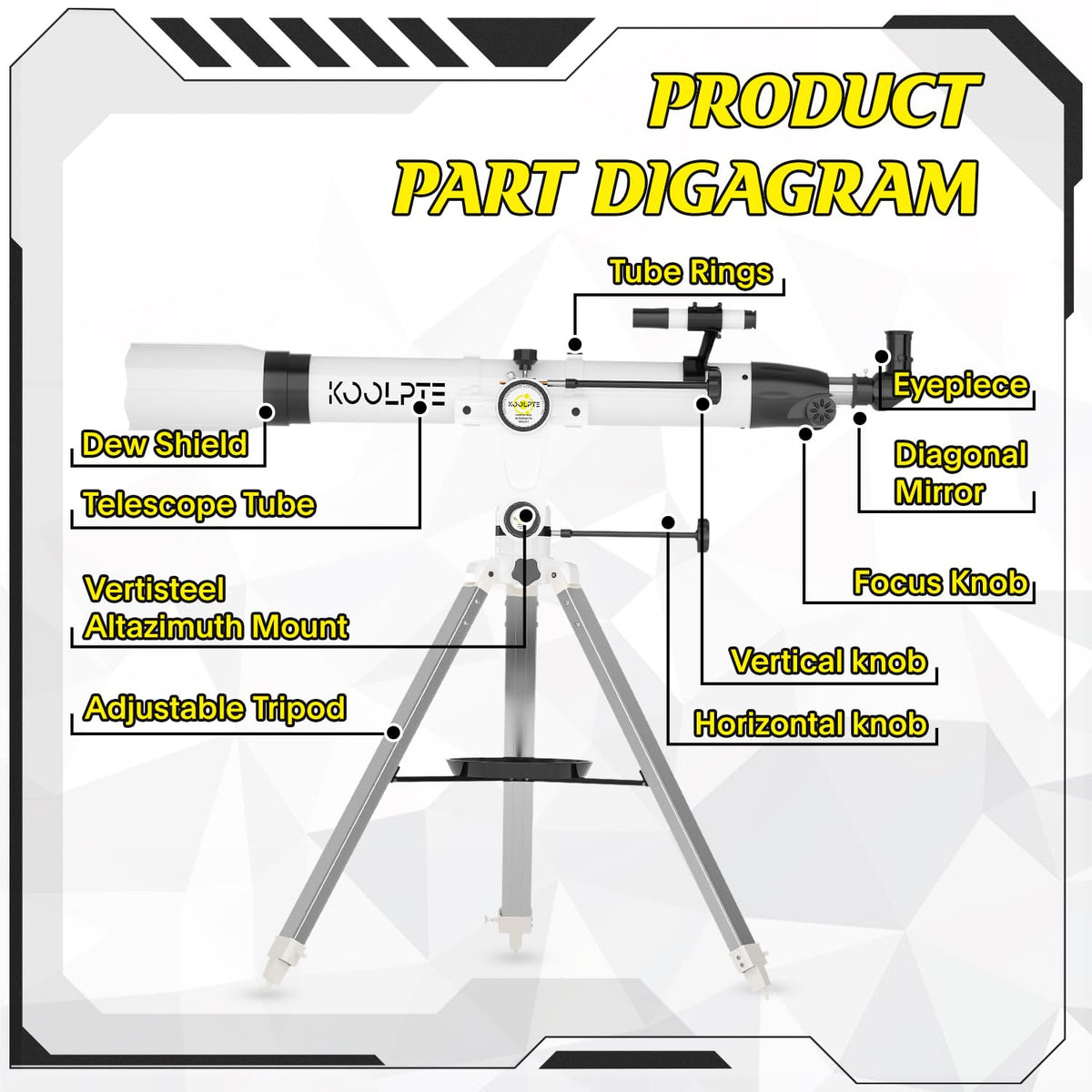 Koolpte telescope magnification 45-450x supports lunar to deep-sky viewing.