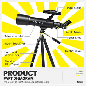 Koolpte telescope phone adapter and adjustable tripod enable easy photo and video capture.