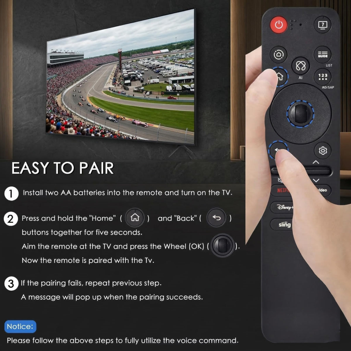 KOOMOER remote on coffee table next to TV to show simple setup and convenience benefit