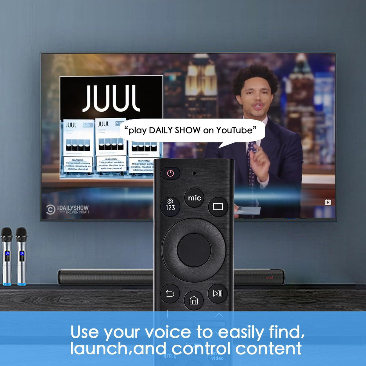 KOOMOER remote with Samsung TV lifestyle showing easy voice control benefit