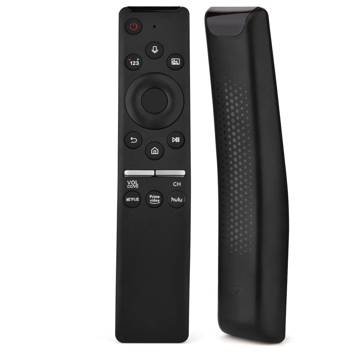 KOOMOER voice remote front view showing ergonomic grip and responsive buttons.