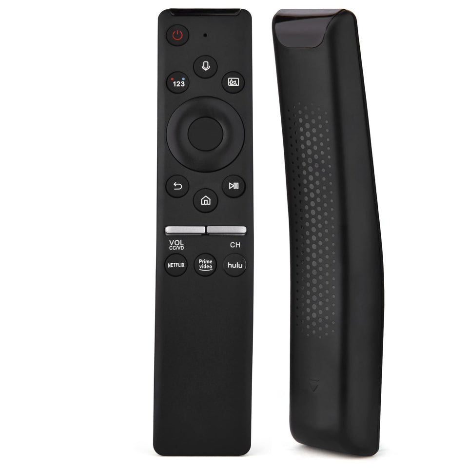 KOOMOER voice remote front view showing ergonomic grip and responsive buttons.