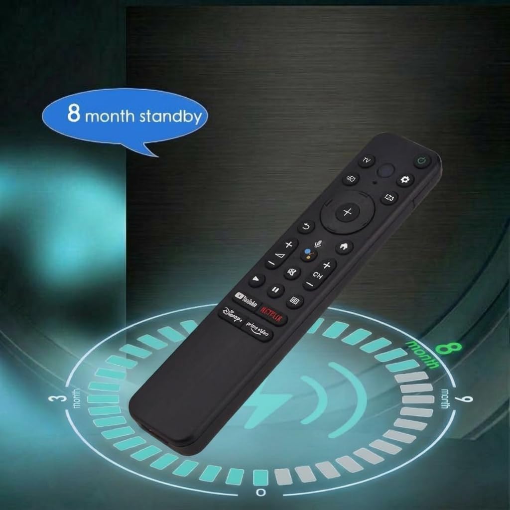 KOOMOER remote shown in a modern living room setup with Sony Bravia screen.