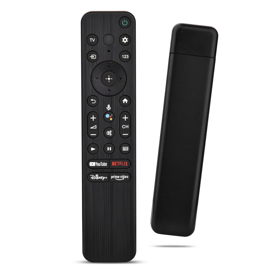 KOOMOER voice remote with mic button enabling quick TV search on Sony Bravia.
